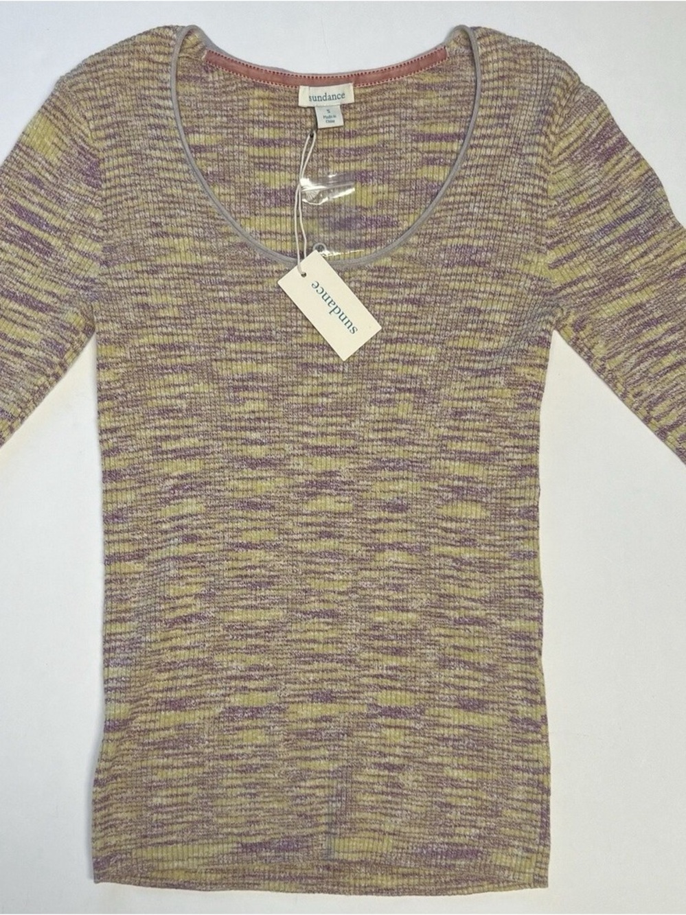 Sundance Lavender and Lime Ribbed Scoop Neck Knit Top